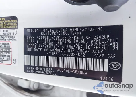 2005 Toyota Camry Le from USA, damaged, VIN 4T1BE32K45U028552